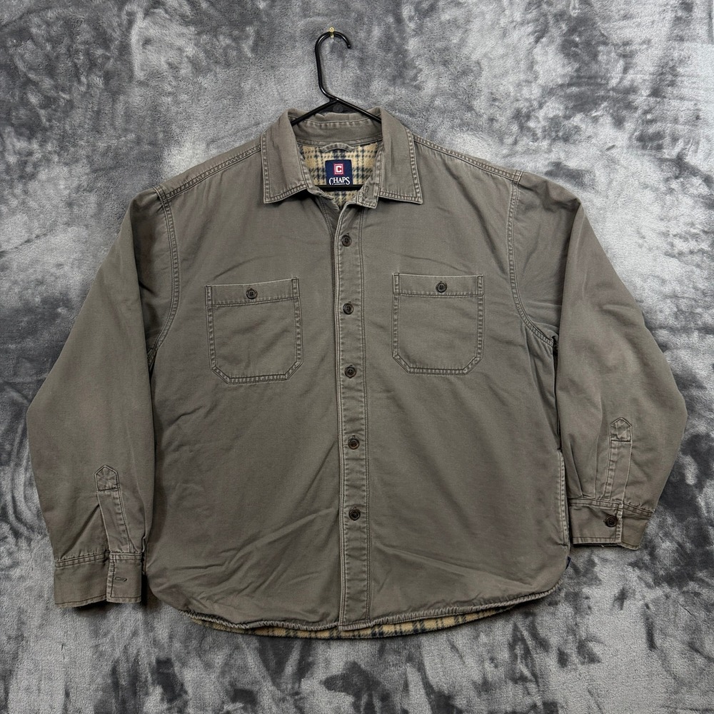 Chaps Shirt Jacket Mens XL Gray Brown Fleece Lined Canvas Cotton Shacket
